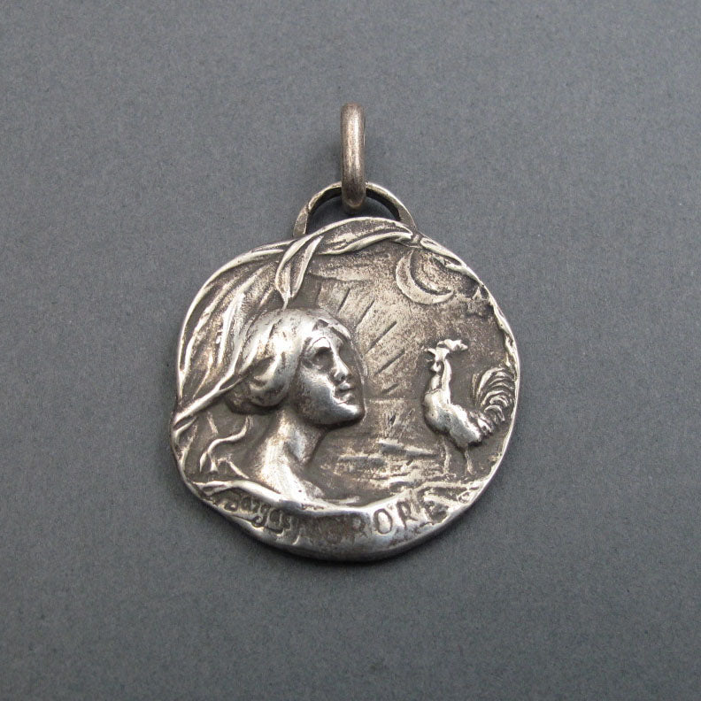 Dawn Pendant, Sterling Silver, Art Nouveau, Armand Bargas, Female Figure, Morning Rooster Necklace, French Design
