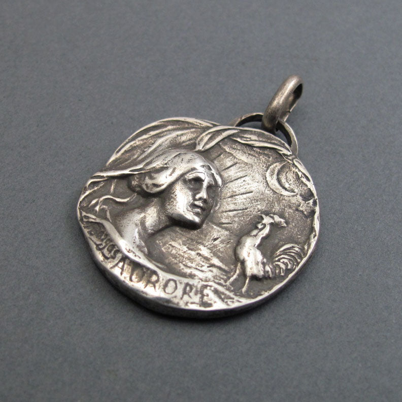 Dawn Pendant, Sterling Silver, Art Nouveau, Armand Bargas, Female Figure, Morning Rooster Necklace, French Design