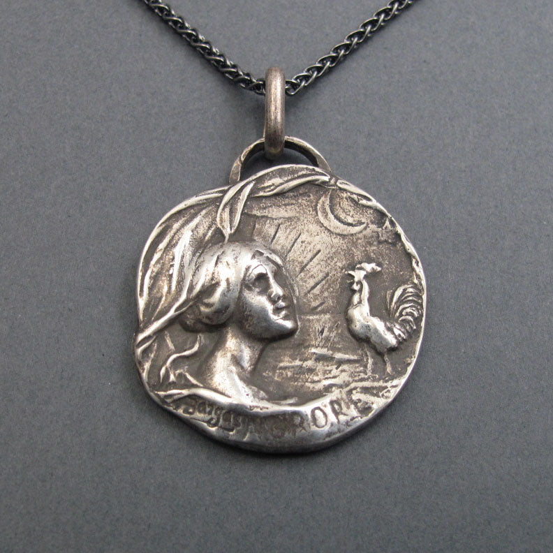 Dawn Pendant, Sterling Silver, Art Nouveau, Armand Bargas, Female Figure, Morning Rooster Necklace, French Design