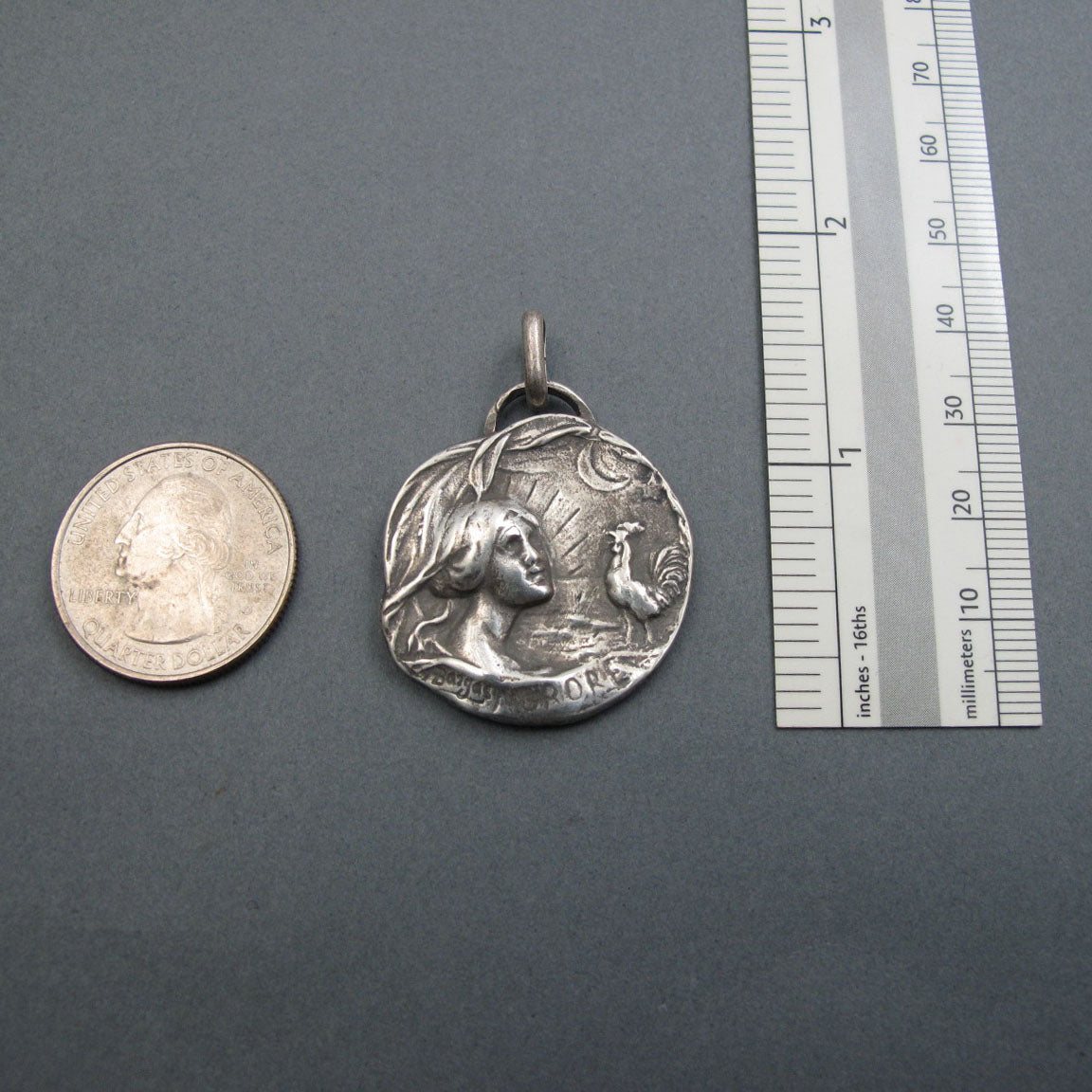 Dawn Pendant, Sterling Silver, Art Nouveau, Armand Bargas, Female Figure, Morning Rooster Necklace, French Design
