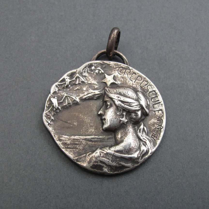 Twilight Pendant, Sterling Silver, Art Nouveau, Armand Bargas, Female Figure, Bats and Star, Dusk Medallion