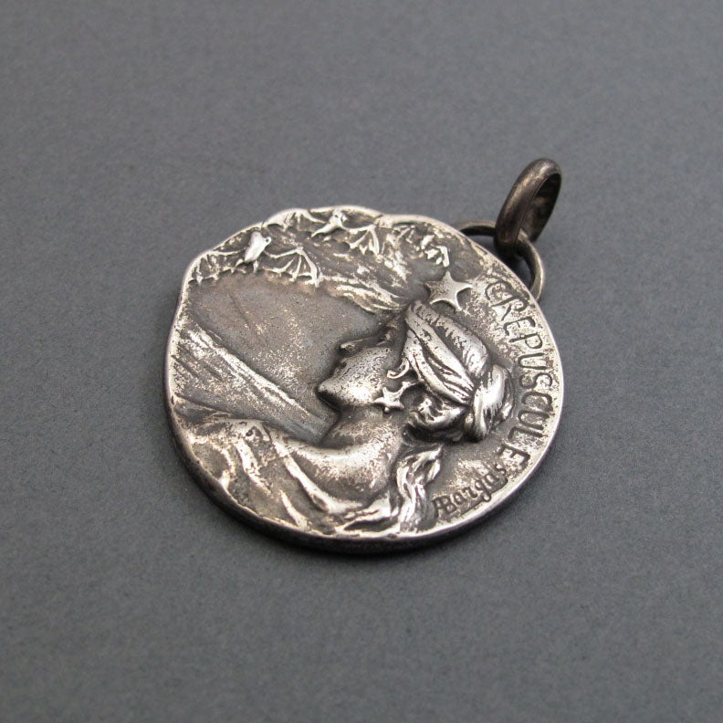 Twilight Pendant, Sterling Silver, Art Nouveau, Armand Bargas, Female Figure, Bats and Star, Dusk Medallion