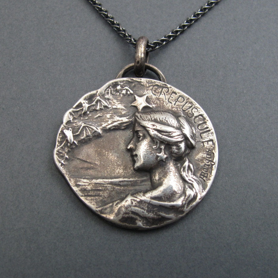 Twilight Pendant, Sterling Silver, Art Nouveau, Armand Bargas, Female Figure, Bats and Star, Dusk Medallion