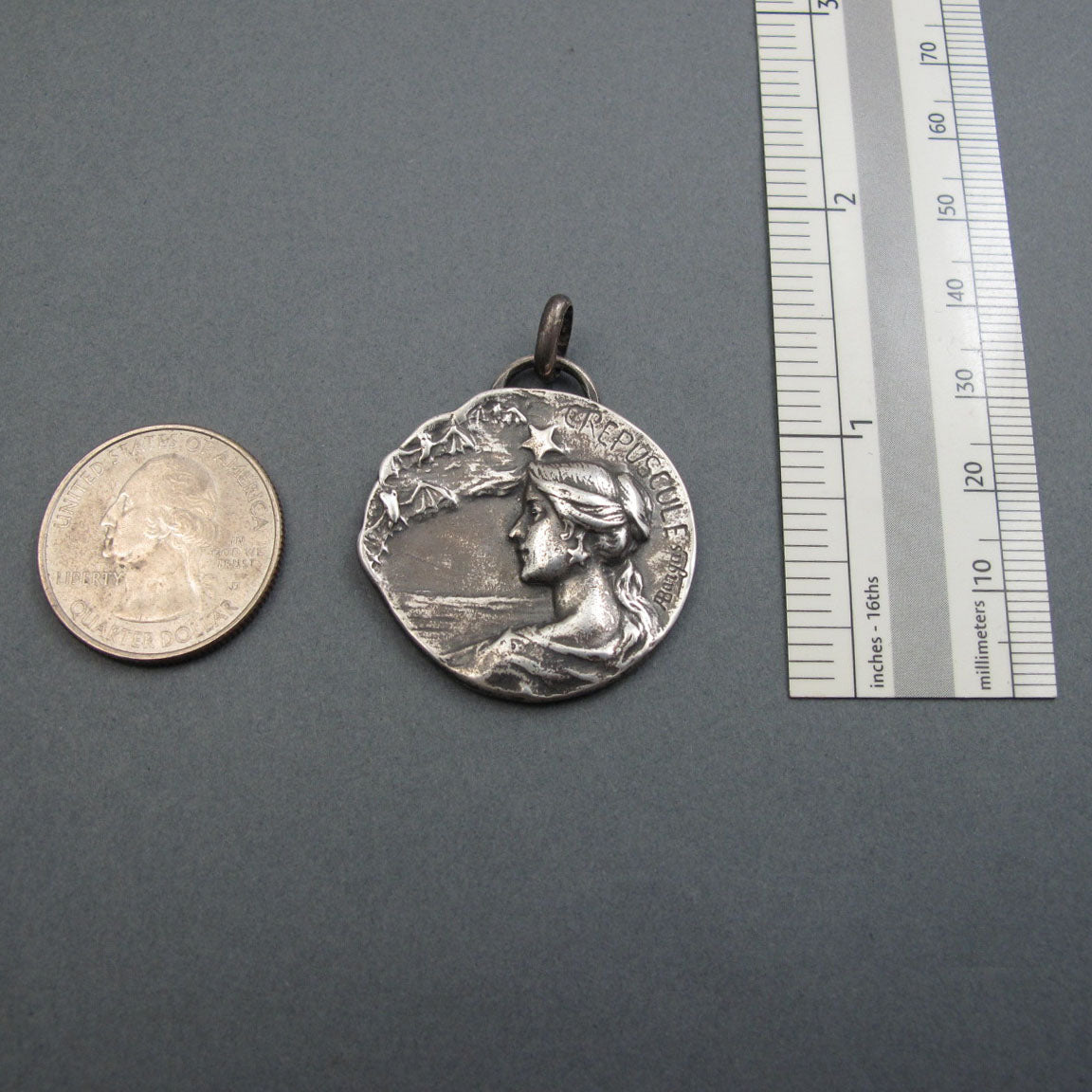 Twilight Pendant, Sterling Silver, Art Nouveau, Armand Bargas, Female Figure, Bats and Star, Dusk Medallion