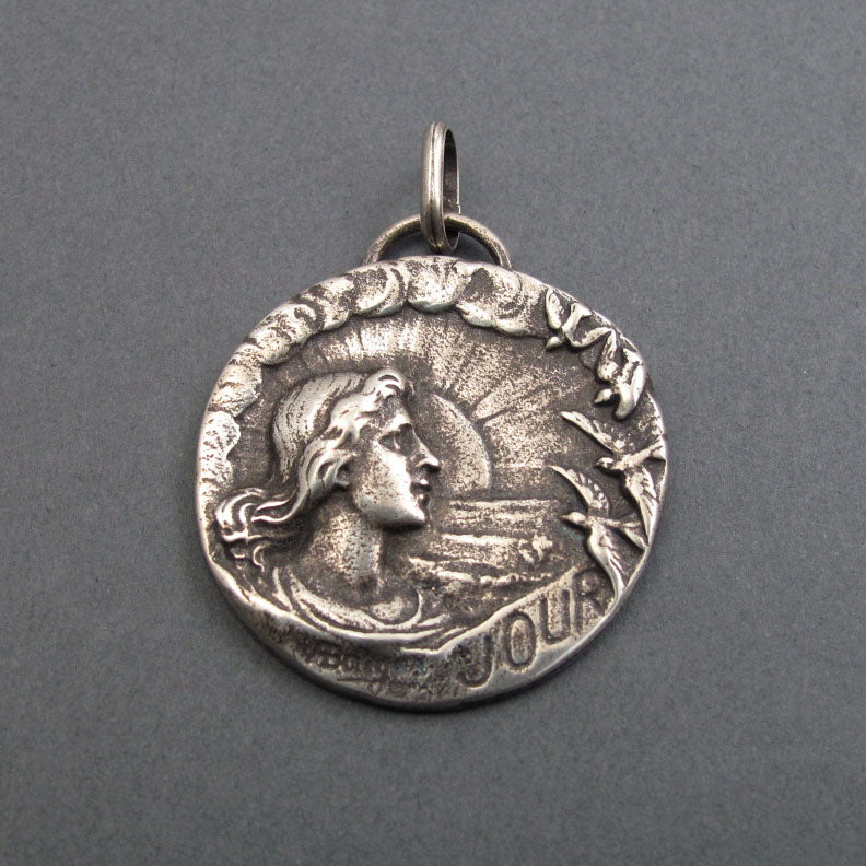 Day Pendant, Sterling Silver, Art Nouveau, Armand Bargas, Female Figure, Swallows, Solstice Necklace