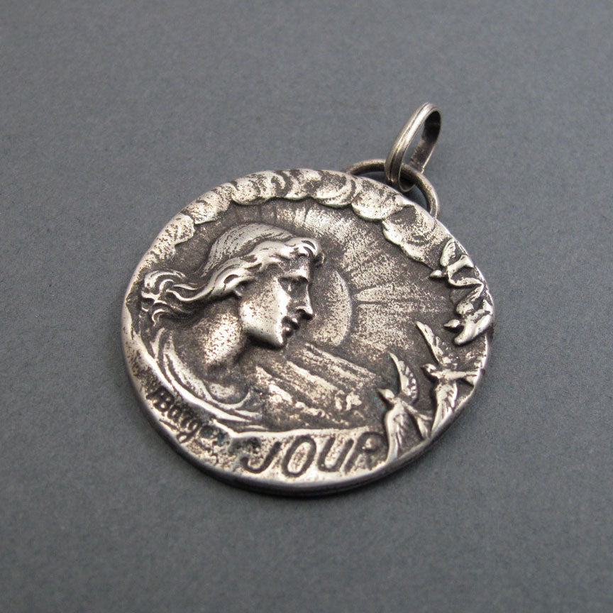 Day Pendant, Sterling Silver, Art Nouveau, Armand Bargas, Female Figure, Swallows, Solstice Necklace