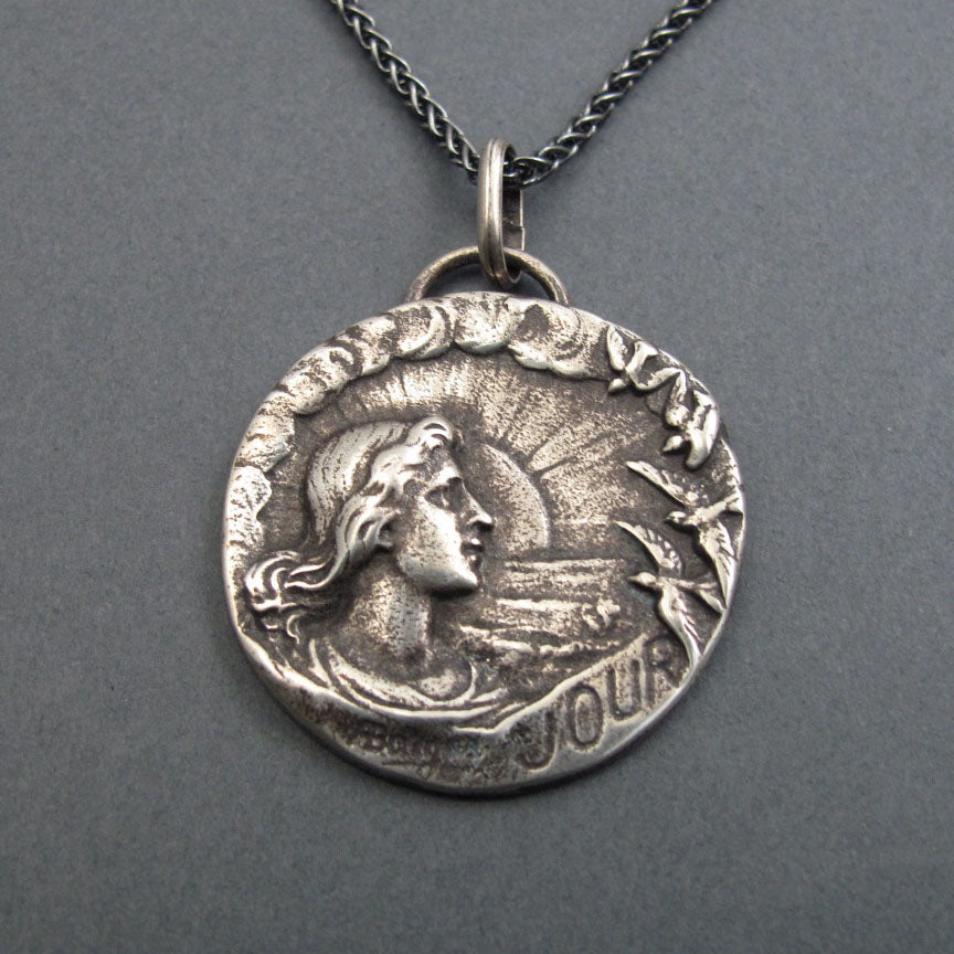 Day Pendant, Sterling Silver, Art Nouveau, Armand Bargas, Female Figure, Swallows, Solstice Necklace