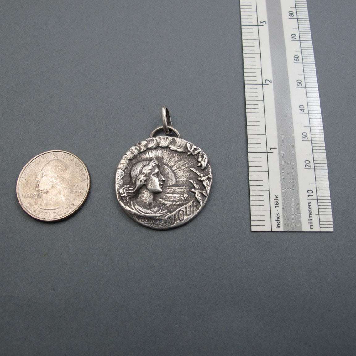 Day Pendant, Sterling Silver, Art Nouveau, Armand Bargas, Female Figure, Swallows, Solstice Necklace