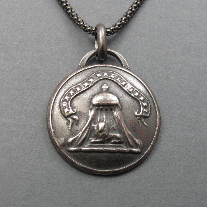 Good and Beautiful Enough, Sterling Silver Motto Pendant, Lion and Pavilion, Heraldic Button Necklace