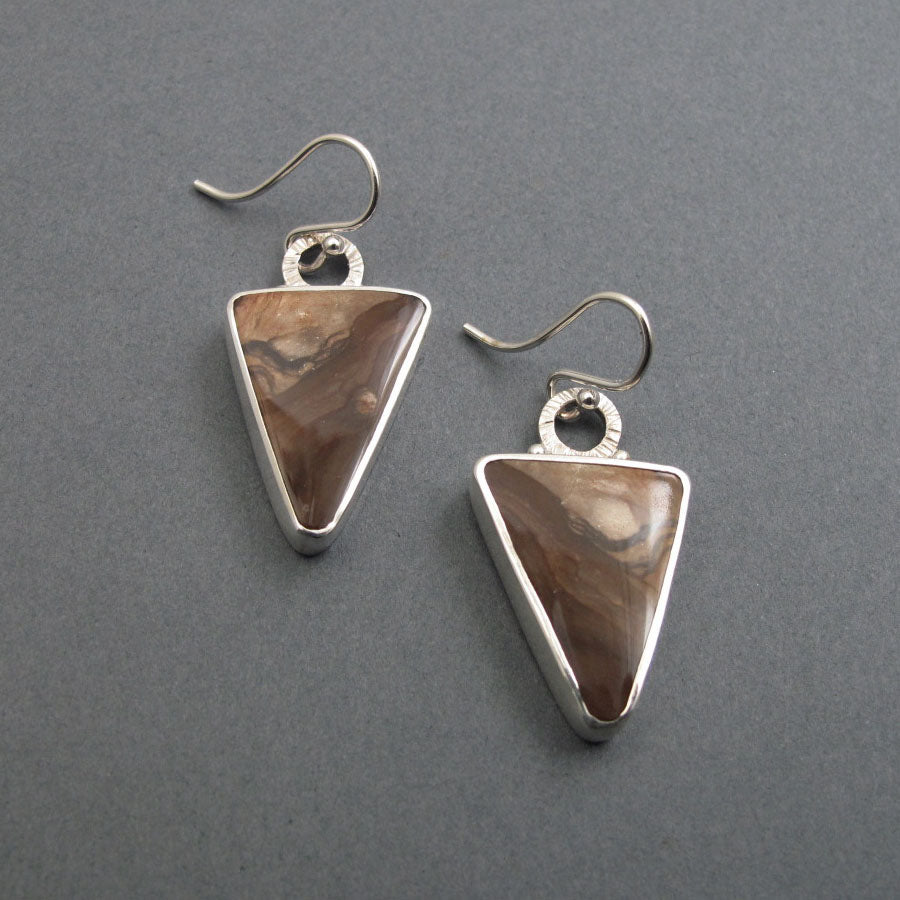 Biggs Jasper Earrings, Sterling Silver, Chocolate Brown Triangle Cabochon, Oregon Gem, Handmade Statement Jewelry