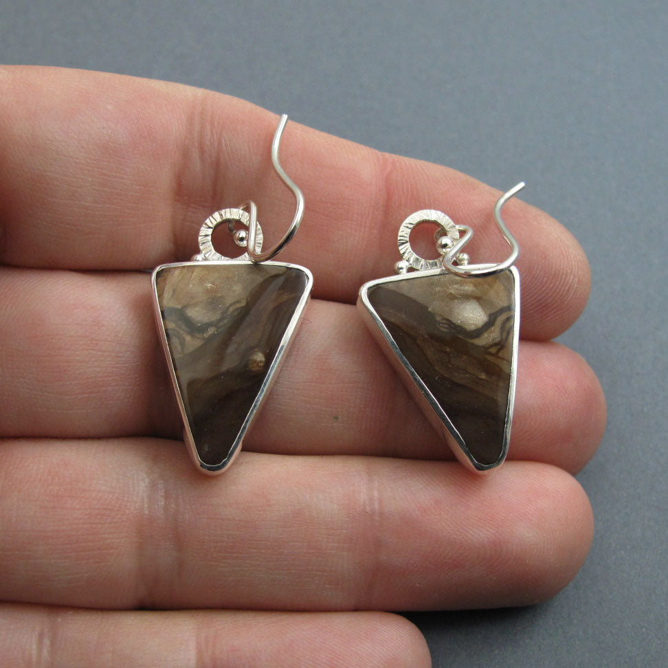 Biggs Jasper Earrings, Sterling Silver, Chocolate Brown Triangle Cabochon, Oregon Gem, Handmade Statement Jewelry