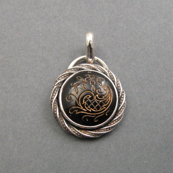 Black and Gold, Mixed Metals, Upcycled Necklace, Sterling Silver, Antique Victorian Glass Pendant, Gothic