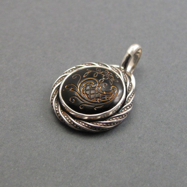 Black and Gold, Mixed Metals, Upcycled Necklace, Sterling Silver, Antique Victorian Glass Pendant, Gothic