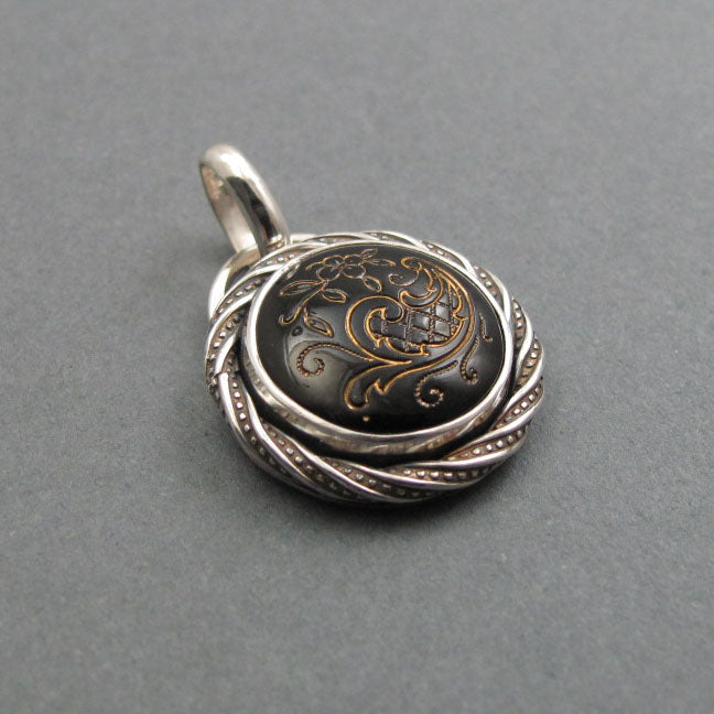 Black and Gold, Mixed Metals, Upcycled Necklace, Sterling Silver, Antique Victorian Glass Pendant, Gothic