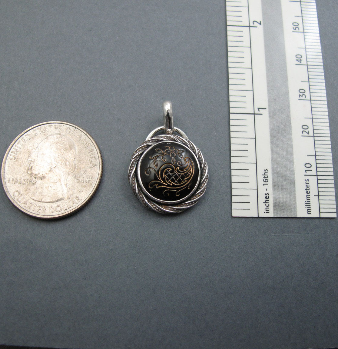 Black and Gold, Mixed Metals, Upcycled Necklace, Sterling Silver, Antique Victorian Glass Pendant, Gothic