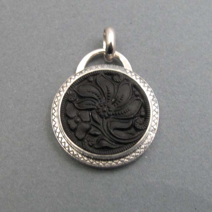 Matte Black Floral Victorian Button Necklace, Upcycled Sterling Silver Pendant, Goth Style, Flower Power