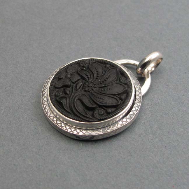 Matte Black Floral Victorian Button Necklace, Upcycled Sterling Silver Pendant, Goth Style, Flower Power