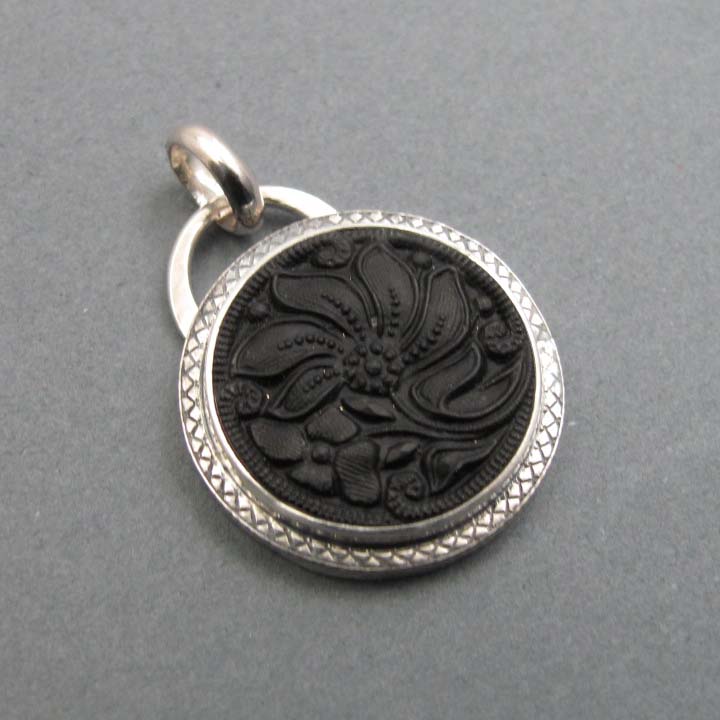 Matte Black Floral Victorian Button Necklace, Upcycled Sterling Silver Pendant, Goth Style, Flower Power