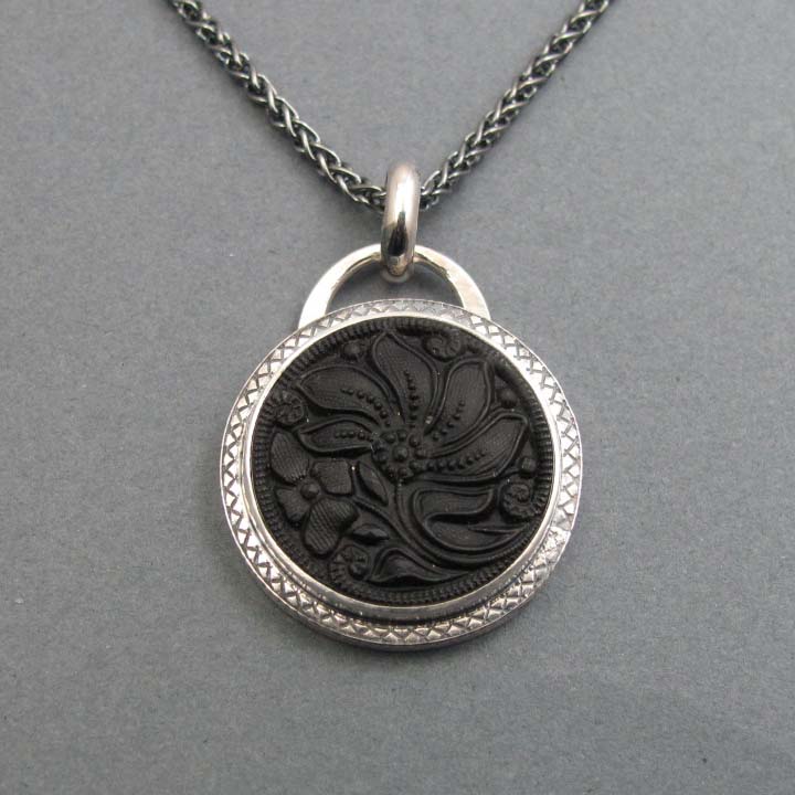 Matte Black Floral Victorian Button Necklace, Upcycled Sterling Silver Pendant, Goth Style, Flower Power