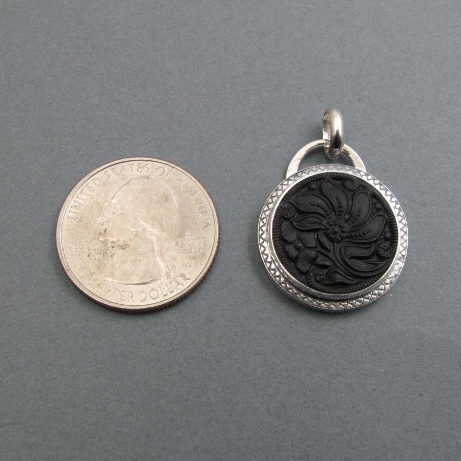 Matte Black Floral Victorian Button Necklace, Upcycled Sterling Silver Pendant, Goth Style, Flower Power