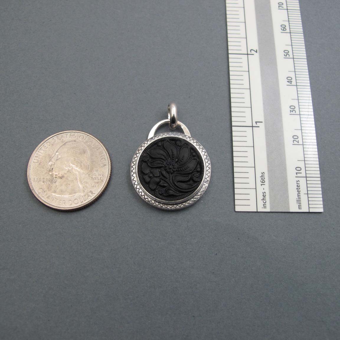 Matte Black Floral Victorian Button Necklace, Upcycled Sterling Silver Pendant, Goth Style, Flower Power