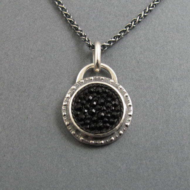 Gothic Black Upcycled Antique Button Necklace, Sterling Silver Victorian Repurposed Pendant, History Lover Gift