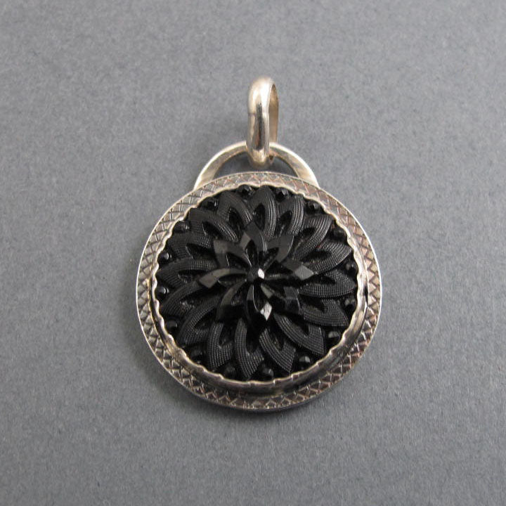 Black Floral Glass Necklace, Goth Style Pendant, Upcycled Victorian Button, Sterling Silver