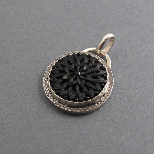Black Glass Floral Pendant, Sterling Silver, Victorian Button, Dark Academia, Goth Style, Upcycled Jewelry