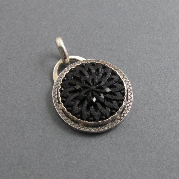 Black Floral Glass Necklace, Goth Style Pendant, Upcycled Victorian Button, Sterling Silver