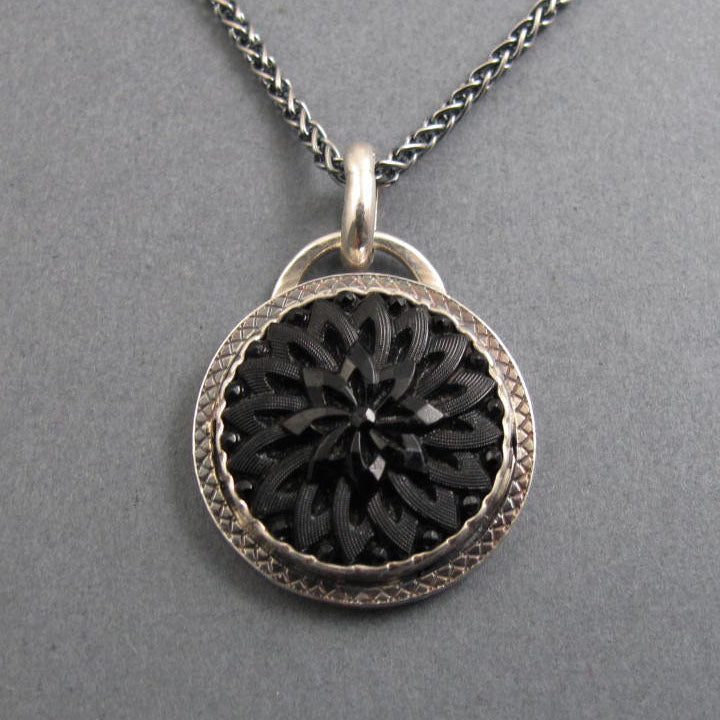 Black Floral Glass Necklace, Goth Style Pendant, Upcycled Victorian Button, Sterling Silver