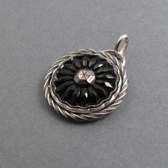 Black Silver Victorian Button Statement Necklace, Sterling Silver Upcycled Antique Glass Pendant