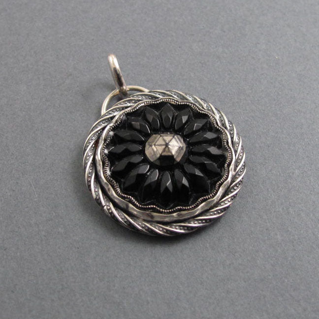 Black Silver Victorian Button Statement Necklace, Sterling Silver Upcycled Antique Glass Pendant