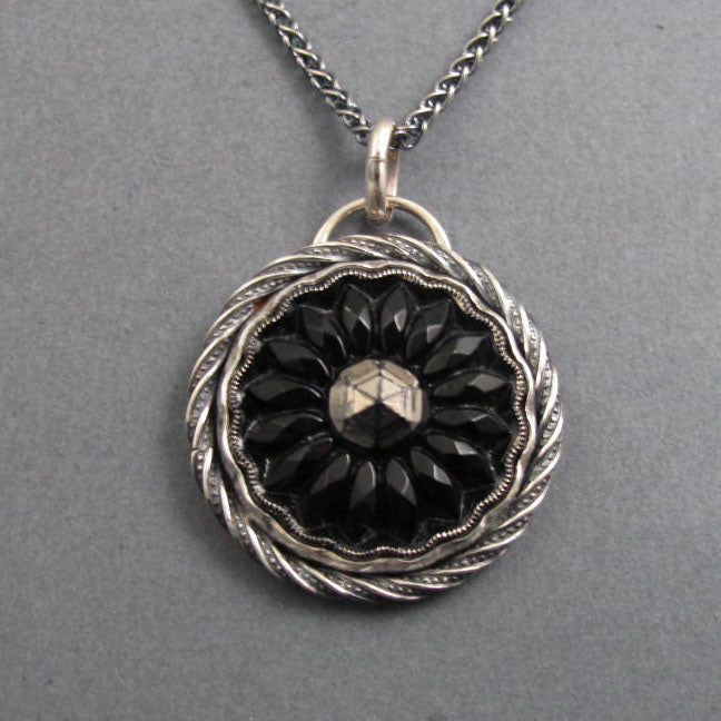 Black Silver Victorian Button Statement Necklace, Sterling Silver Upcycled Antique Glass Pendant