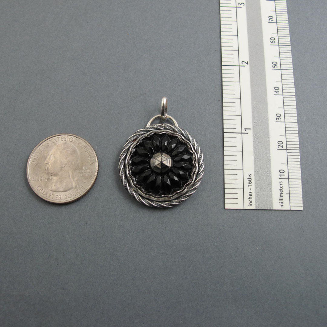 Black Silver Victorian Button Statement Necklace, Sterling Silver Upcycled Antique Glass Pendant