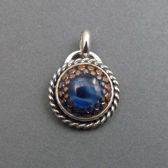 Midcentury, Moonglow Blue Button Necklace, Upcycled Vintage Glass, Sterling Silver Pendant