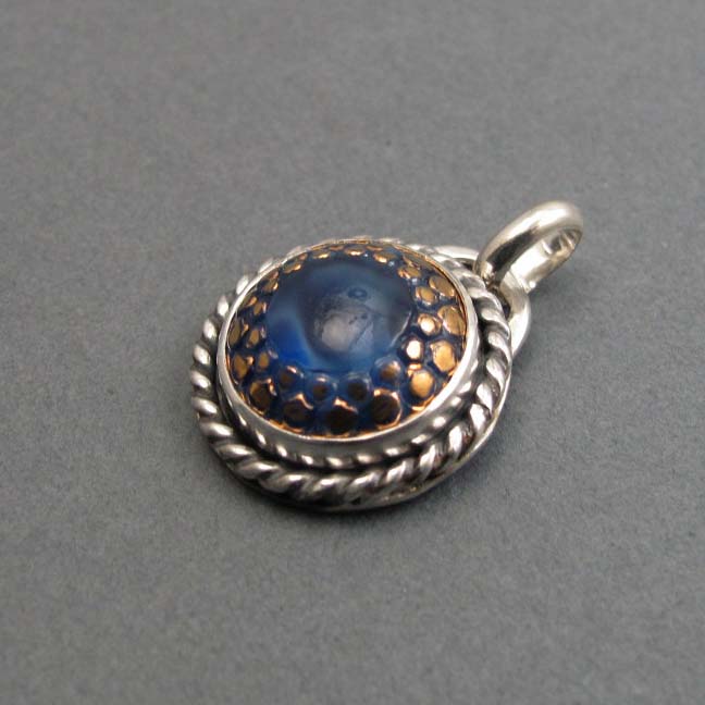 Midcentury, Moonglow Blue Button Necklace, Upcycled Vintage Glass, Sterling Silver Pendant
