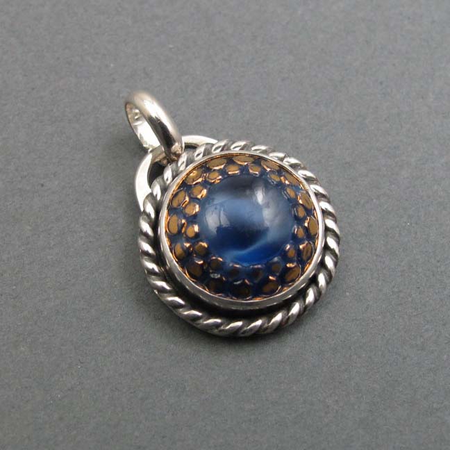 Midcentury, Moonglow Blue Button Necklace, Upcycled Vintage Glass, Sterling Silver Pendant