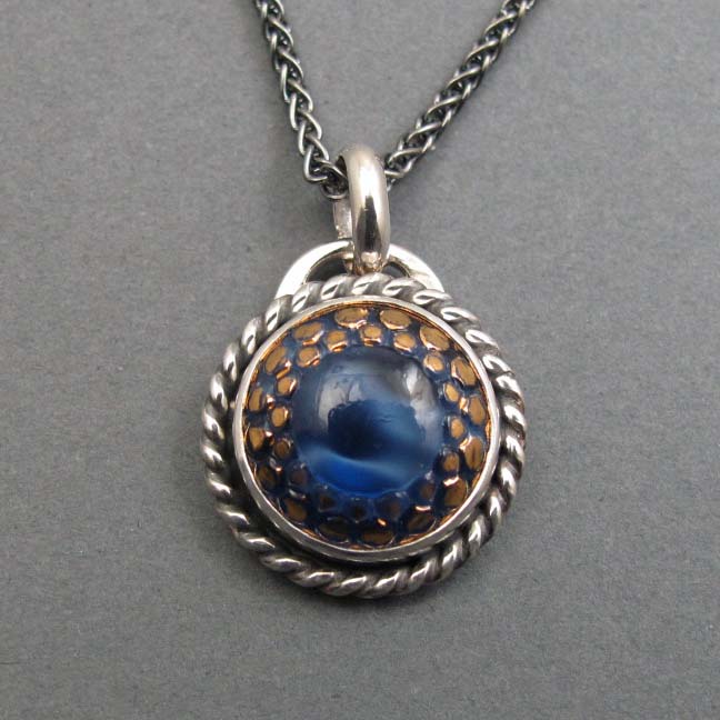 Midcentury, Moonglow Blue Button Necklace, Upcycled Vintage Glass, Sterling Silver Pendant