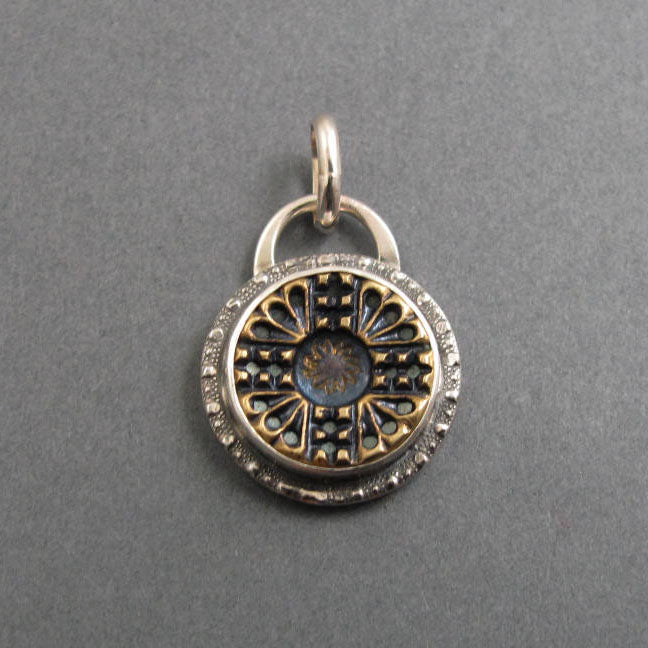 Mixed Metals Upcycled Antique Button Pendant, Brass and Sterling Silver, Blue Victorian Repurposed Accessory