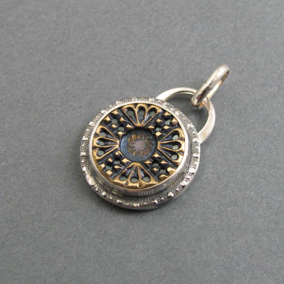 Mixed Metals Upcycled Antique Button Pendant, Brass and Sterling Silver, Blue Victorian Repurposed Accessory