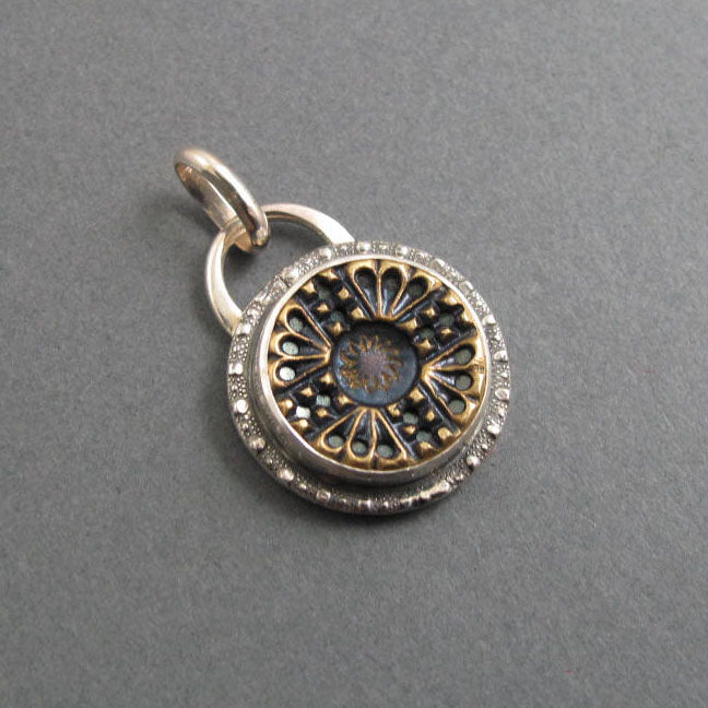Mixed Metals Upcycled Antique Button Pendant, Brass and Sterling Silver, Blue Victorian Repurposed Accessory