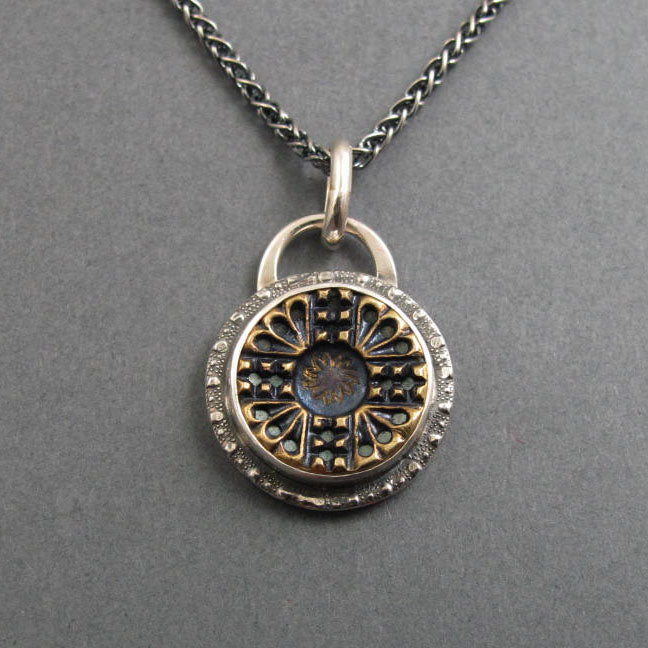 Mixed Metals Upcycled Antique Button Pendant, Brass and Sterling Silver, Blue Victorian Repurposed Accessory