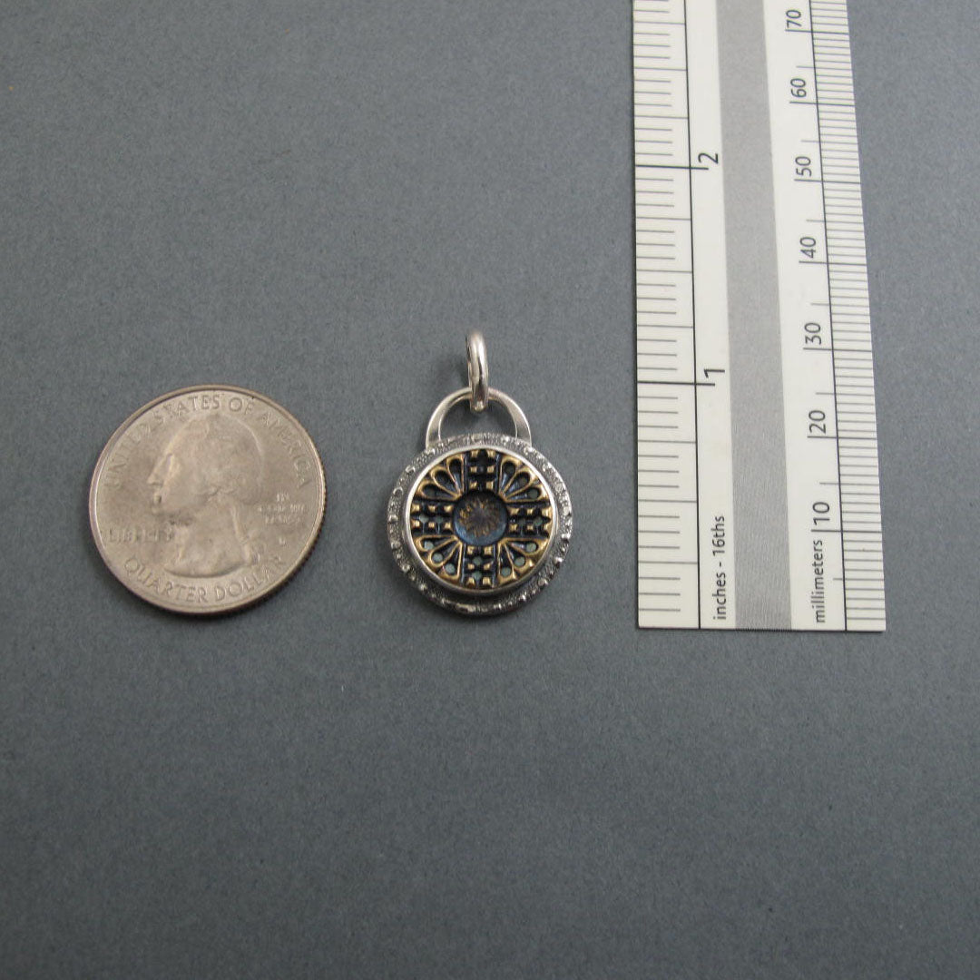 Mixed Metals Upcycled Antique Button Pendant, Brass and Sterling Silver, Blue Victorian Repurposed Accessory