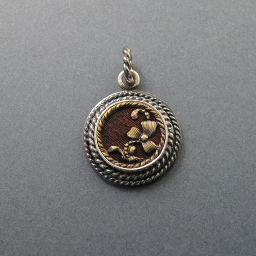 Antique Victorian Button Pendant, Mixed Metals, Sterling Silver, Brass, Floral Layering Necklace