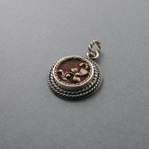Antique Victorian Button Pendant, Mixed Metals, Sterling Silver, Brass, Floral Layering Necklace