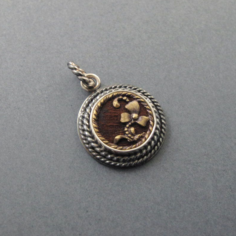 Antique Victorian Button Pendant, Mixed Metals, Sterling Silver, Brass, Floral Layering Necklace