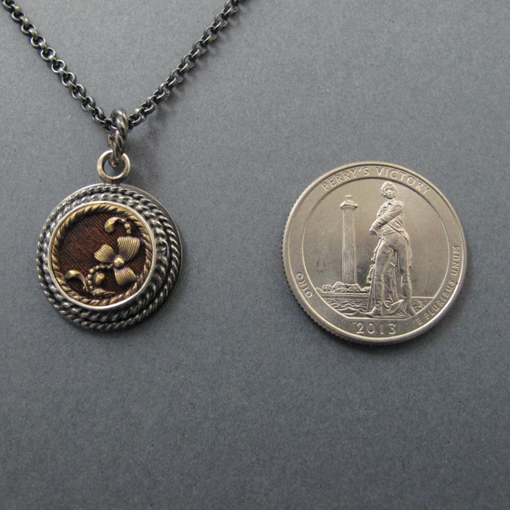 Antique Victorian Button Pendant, Mixed Metals, Sterling Silver, Brass, Floral Layering Necklace