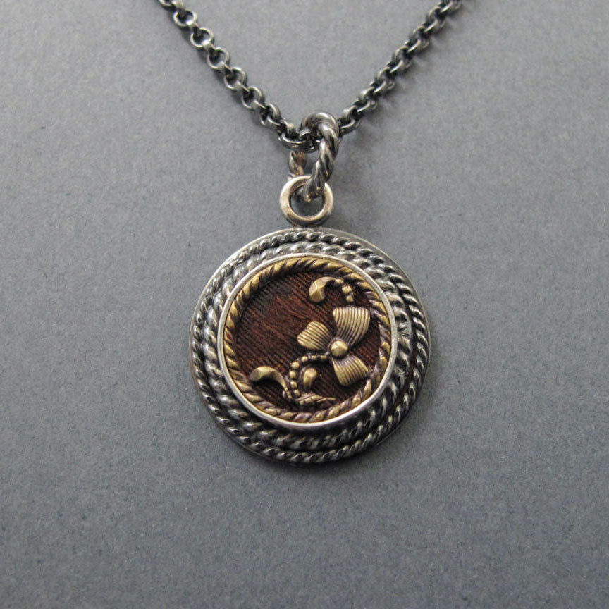 Antique Victorian Button Pendant, Mixed Metals, Sterling Silver, Brass, Floral Layering Necklace