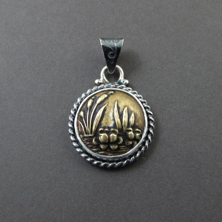 Victorian Brass Button Lotus Pendant, Upcycled Heirloom Jewelry, Mixed Metals Brass and Sterling Silver