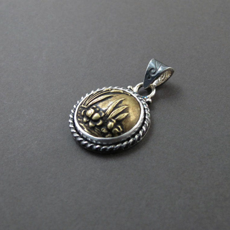 Victorian Brass Button Lotus Pendant, Upcycled Heirloom Jewelry, Mixed Metals Brass and Sterling Silver